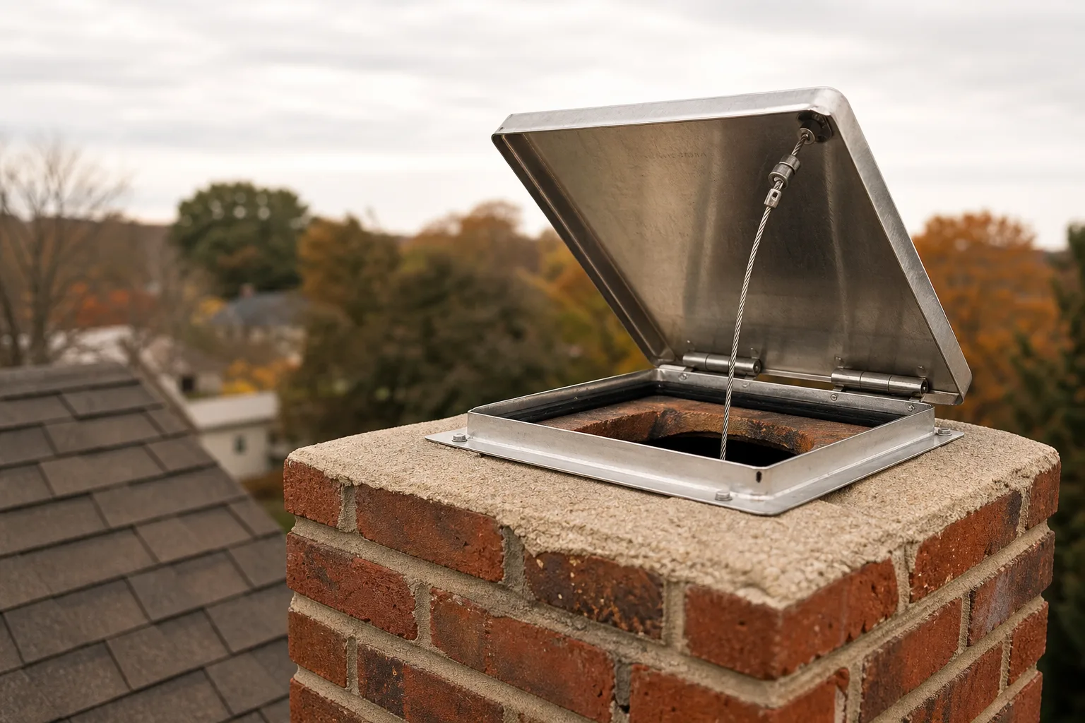 Chimney damper of the top-sealing type mounted on the chimney crown at the roof
