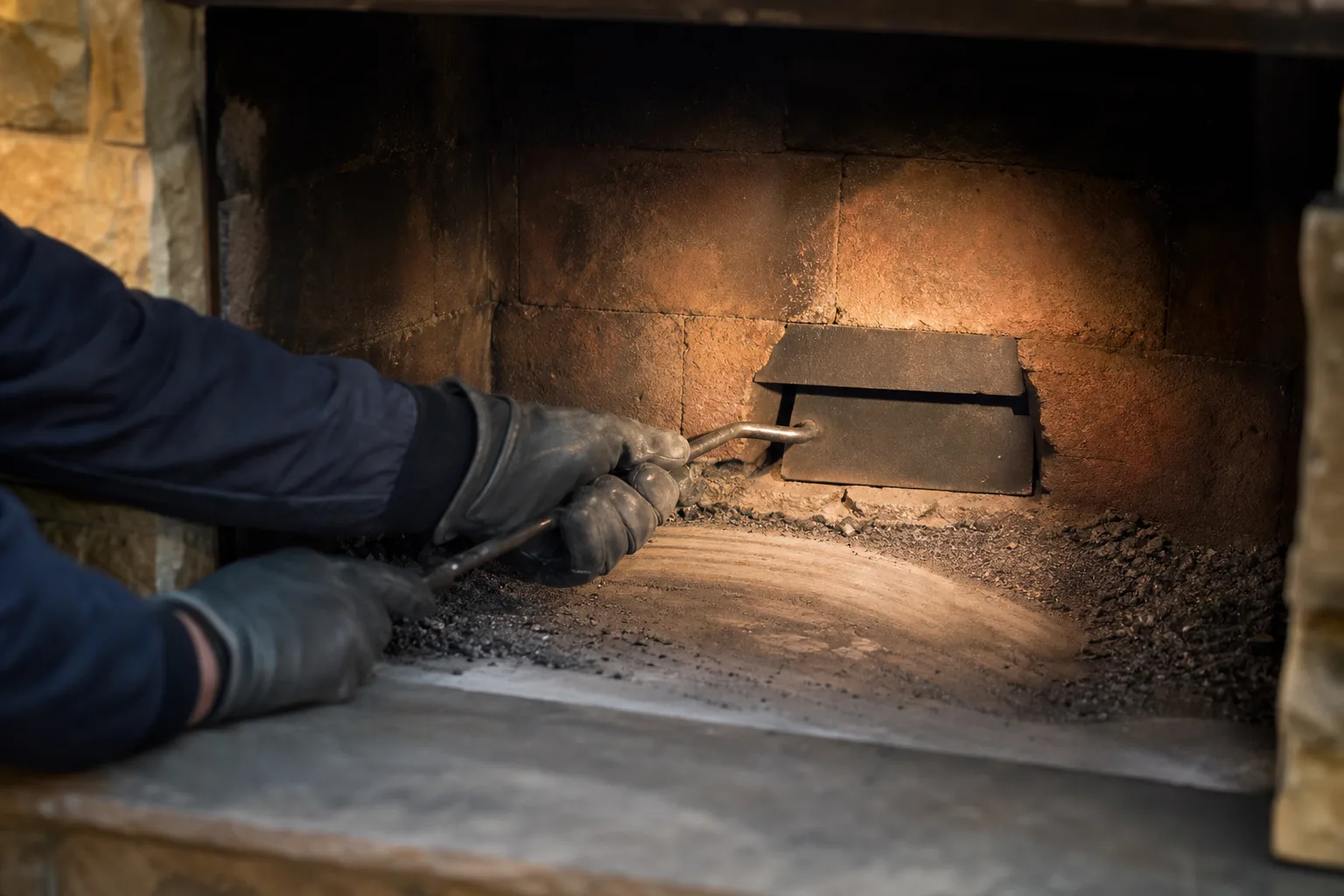 Chimney damper being tested by hand through its full travel with a flashlight