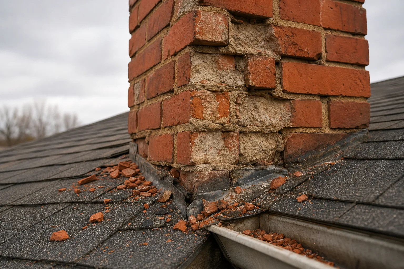 chimney inspection and repair: spalled brick faces and crumbling mortar joints with fragments on the shingles below