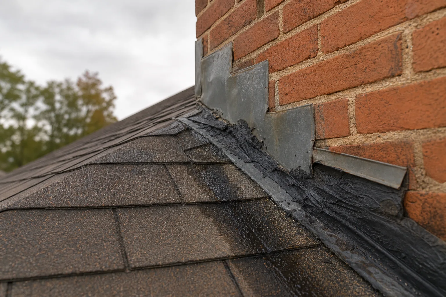 chimney inspection and repair: failed step flashing and tar-patched counterflashing at the chimney-to-roof joint