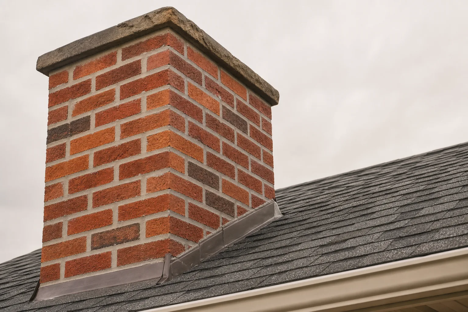 chimney inspection and repair: the same chimney corner with freshly tuckpointed mortar joints and replaced brick