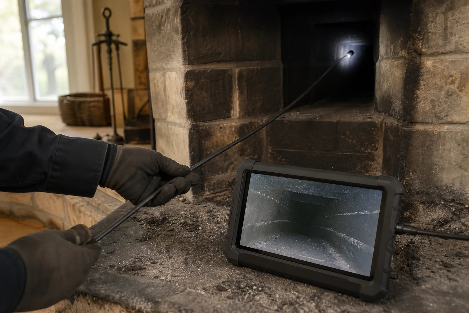 chimney inspection and repair: a video camera scan cable fed up the flue from the firebox during a Level 2 inspection