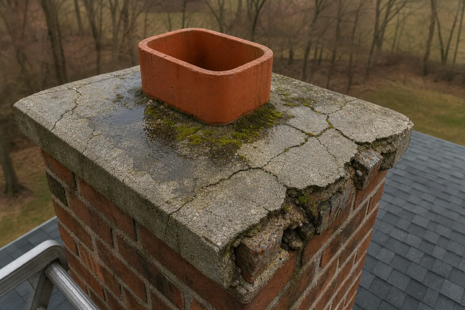 chimney inspection and repair: a cracked concrete chimney crown with a clay flue tile projecting above it