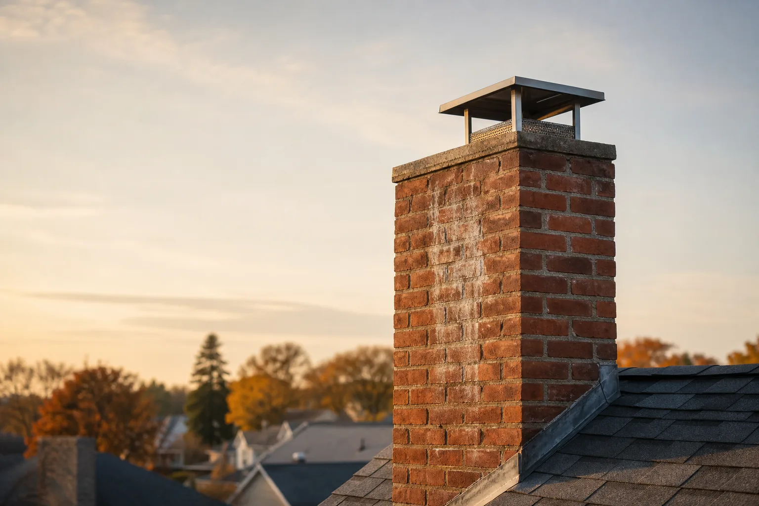 chimney inspection and repair: a weathered brick chimney stack and stainless cap above an asphalt shingle roof
