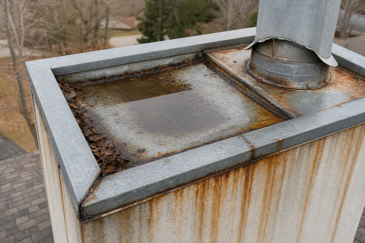 prefab fireplace chase cover with standing water, rust streaks and a sagging center