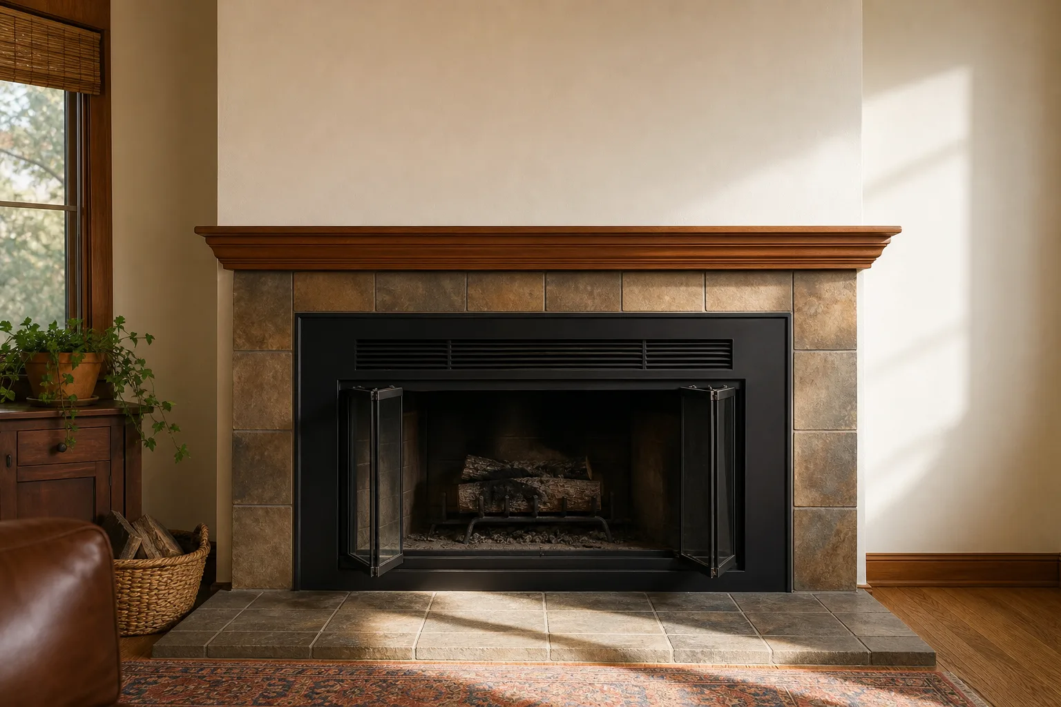 prefab fireplace with black metal surround, louvered vent and glass doors in a living room
