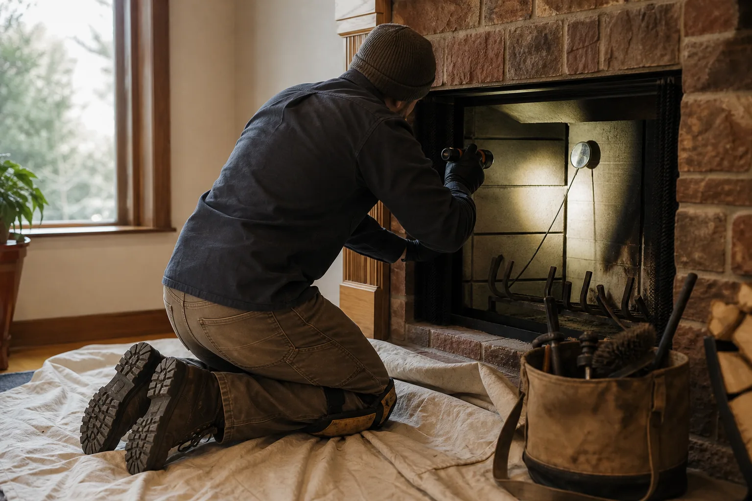 prefab fireplace inspection with a flashlight and mirror at the firebox opening
