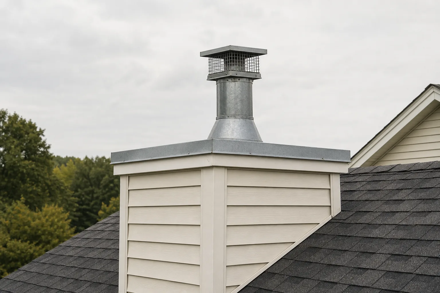 prefab fireplace chimney chase on a suburban roof with chase cover, storm collar and flue cap