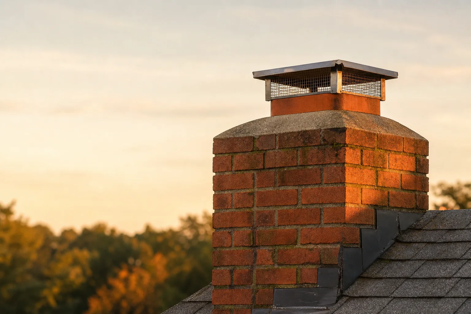 what is a chimney cap: stainless steel cap above the clay flue tile and concrete crown of a brick chimney