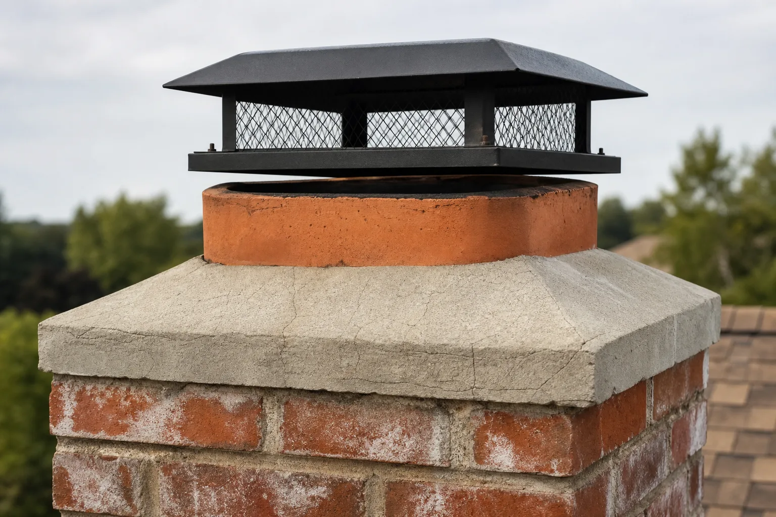 what is a chimney cap sitting on: brick, concrete crown, clay flue tile and cap stacked in order