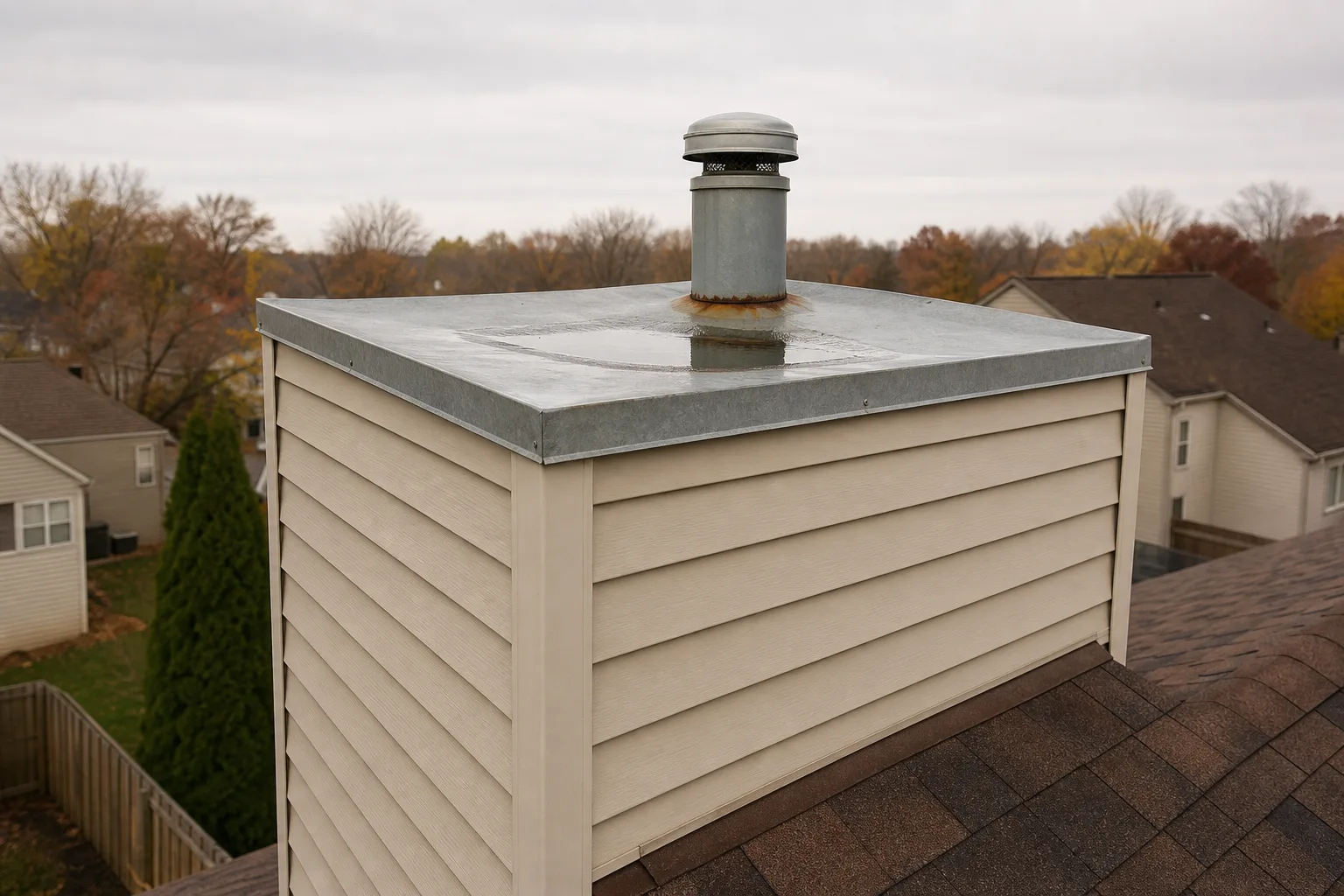 what is a chimney cap versus a chase cover: a sided chimney chase with a dished metal chase cover and pipe collar