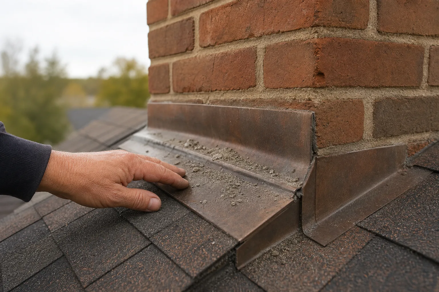 Tuckpointing warning sign: sand and mortar crumbs collected on the flashing at the base of a brick chimney