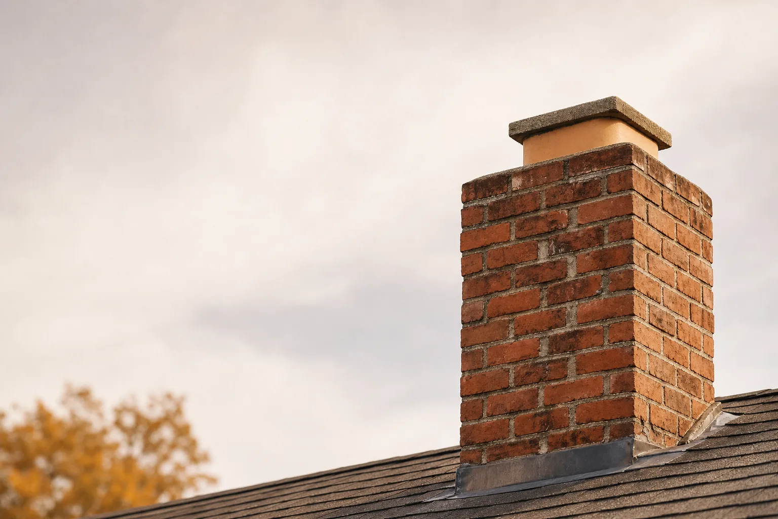 Tuckpointing candidate: a weathered brick residential chimney with recessed mortar joints above a shingle roof