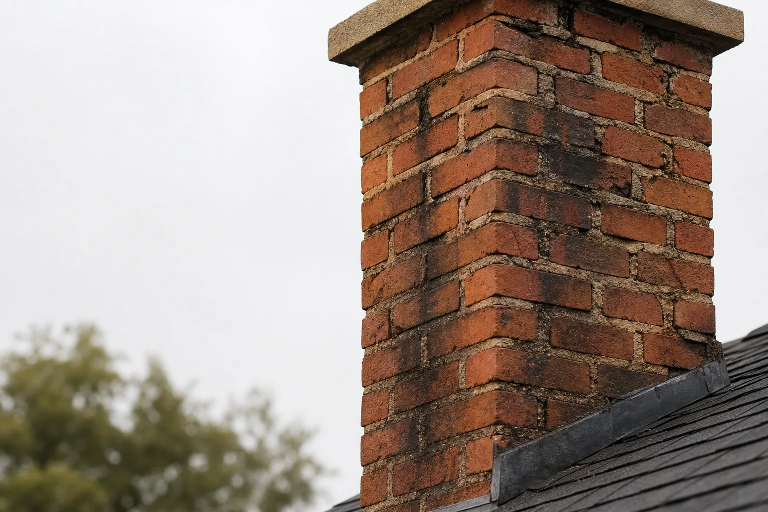 Tuckpointing before: a brick chimney section in typical worn condition with deeply recessed, crumbling mortar joints