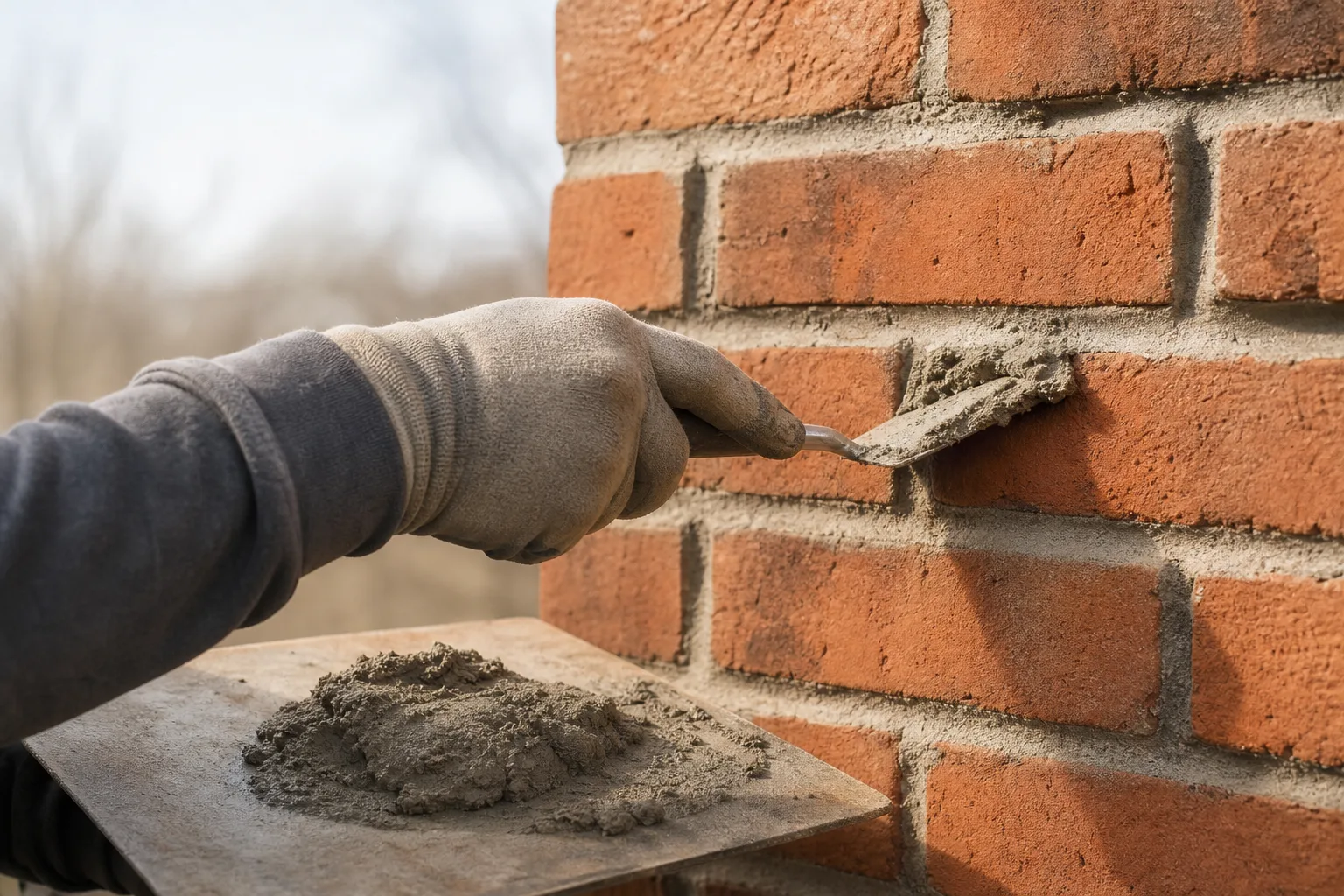 Tuckpointing in progress: a mason packing fresh mortar into a brick joint with a tuckpointing trowel