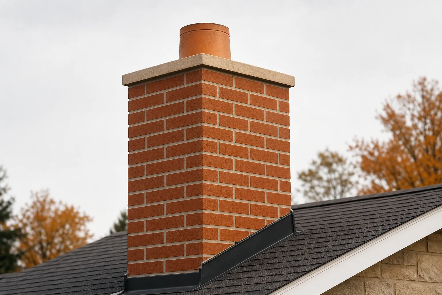 Tuckpointing after: the same brick chimney section with freshly packed and tooled mortar joints in sound condition