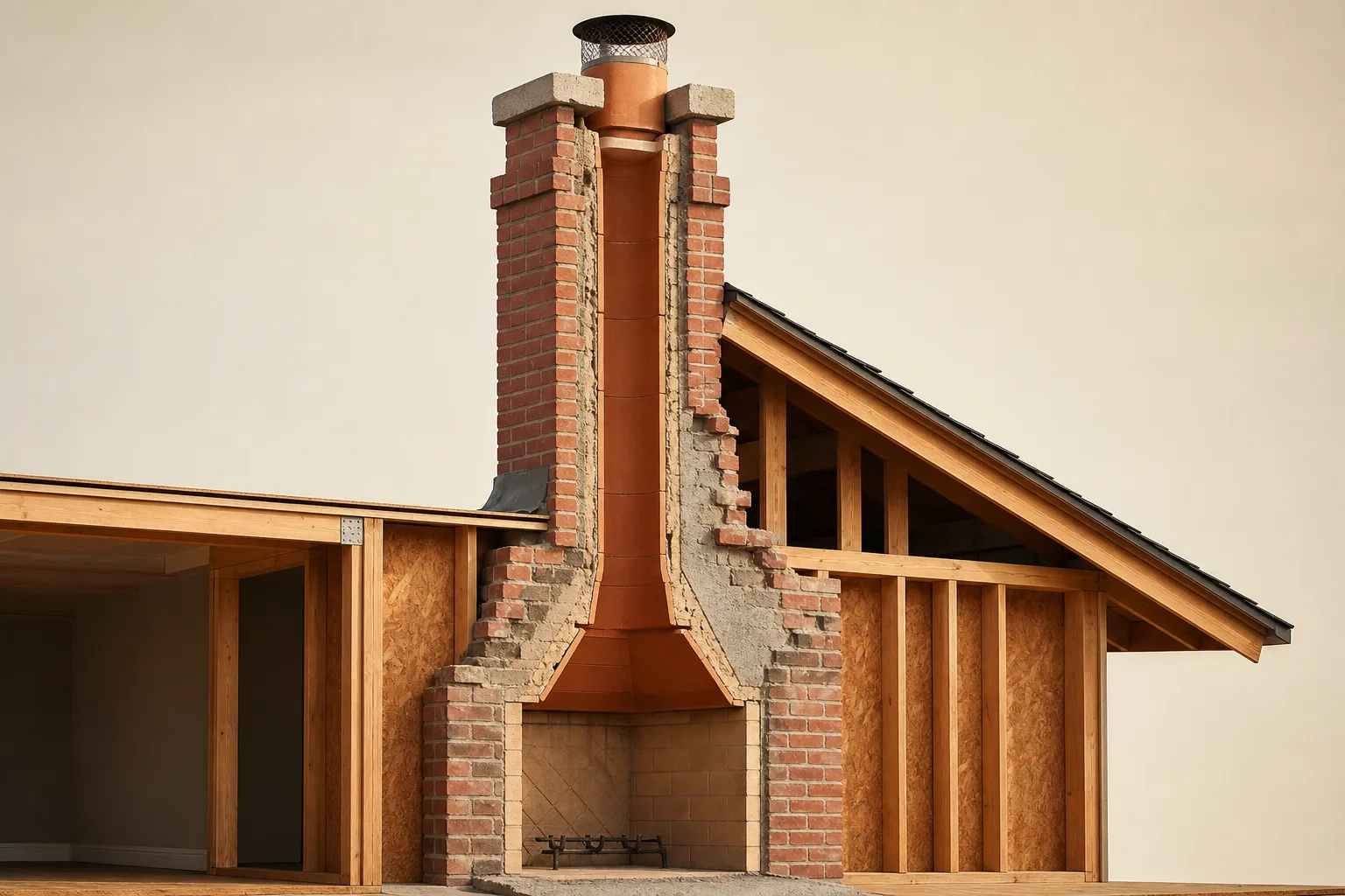 Chimney liner shown inside a cutaway masonry flue above a residential fireplace