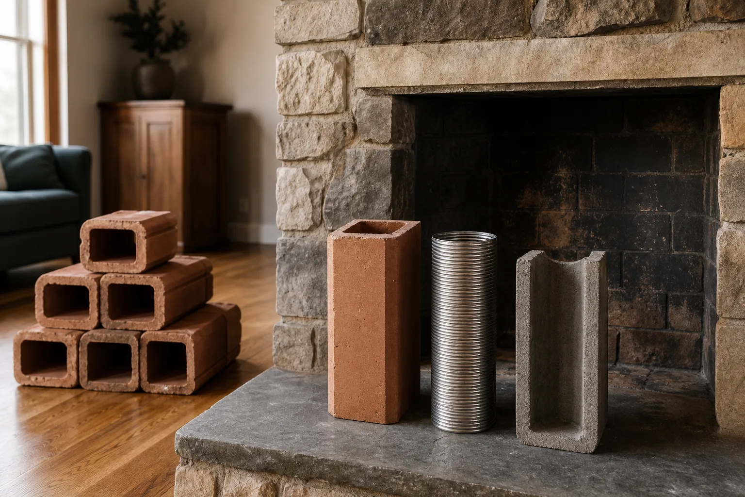 Chimney liner samples in clay, stainless steel, and cast material beside a hearth