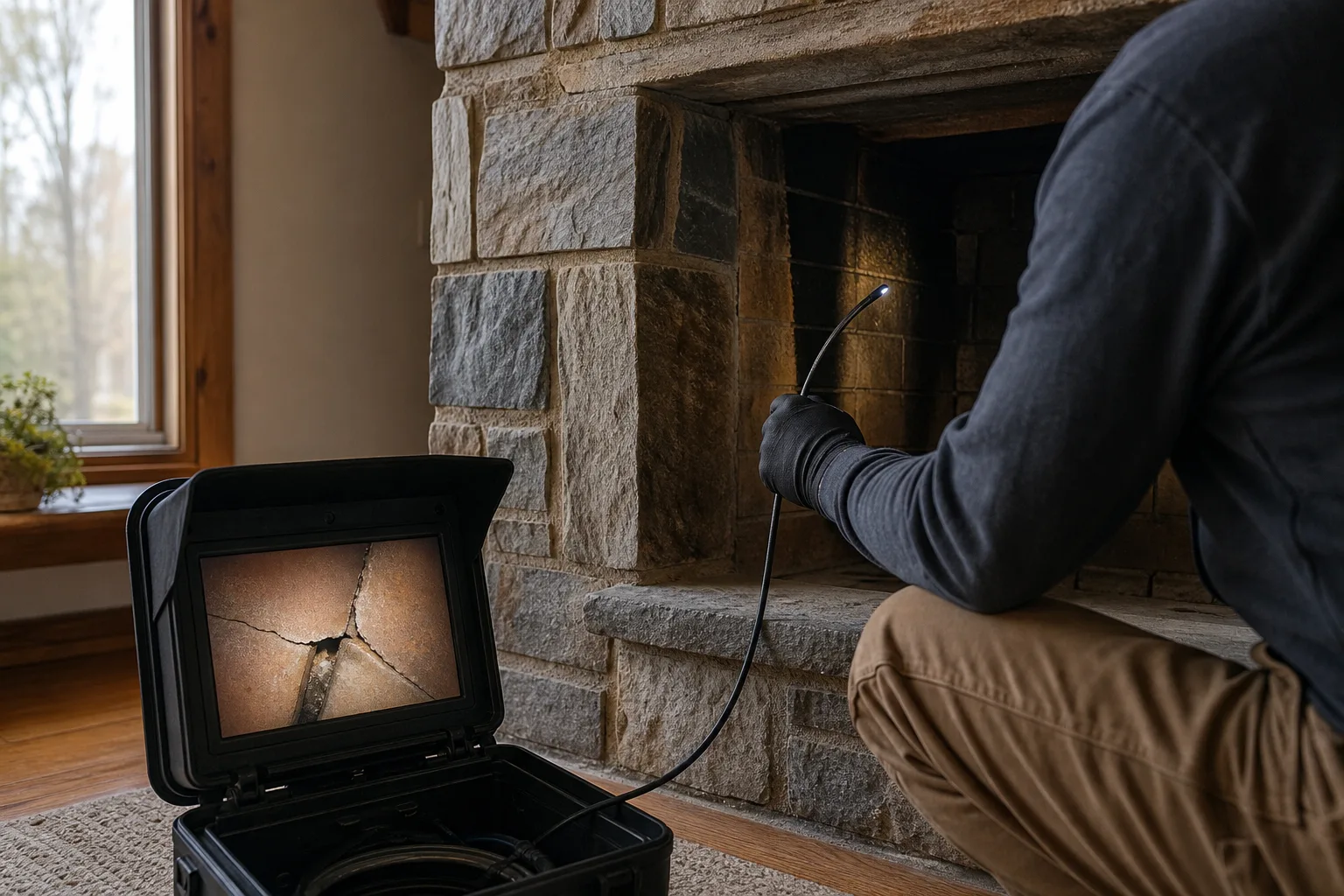 Chimney liner camera inspection revealing cracked clay joints on a technician’s monitor