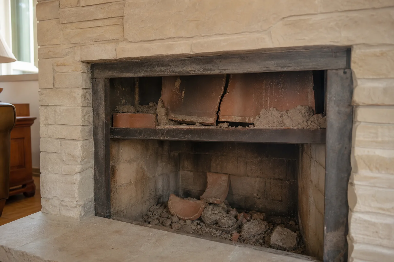 Chimney liner damage visible as cracked tiles and fallen fragments in a firebox