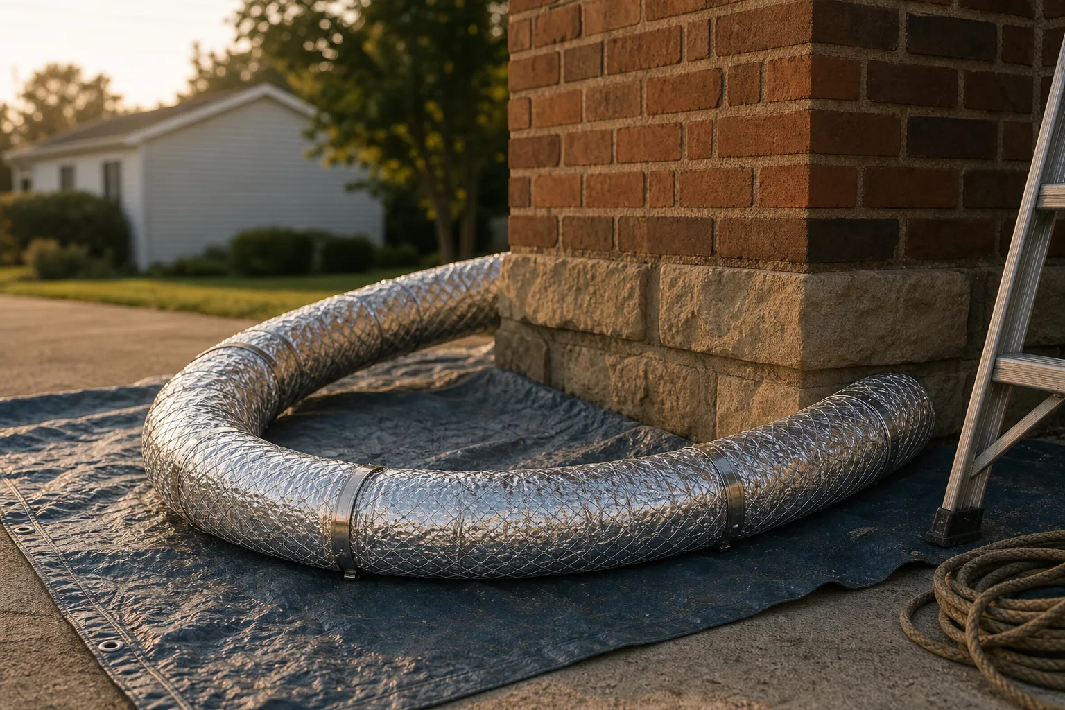 chimney insulation wrapped onto a stainless liner and ready to drop down the flue
