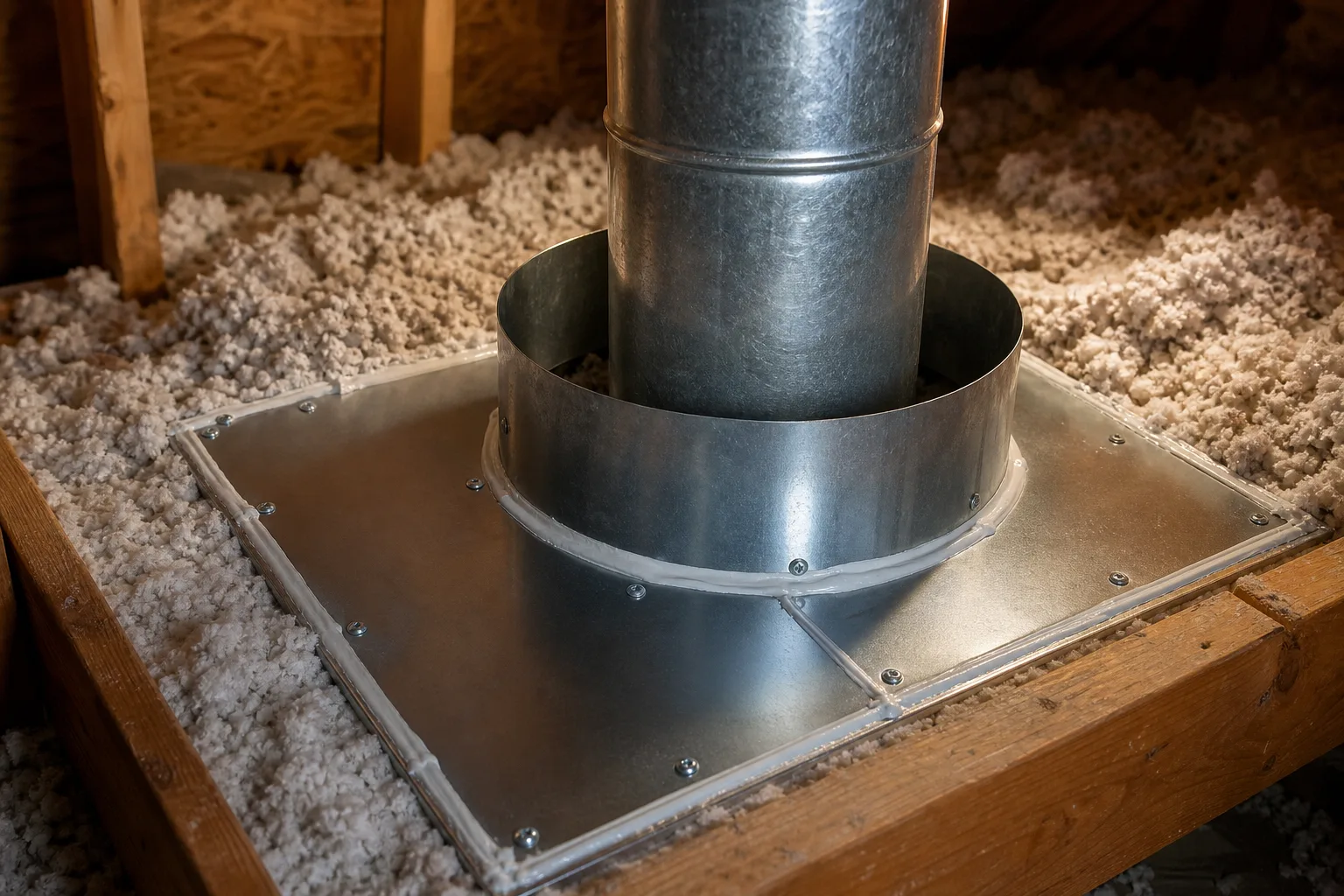 chimney insulation held back by a sheet metal dam with clearance around an attic flue pipe
