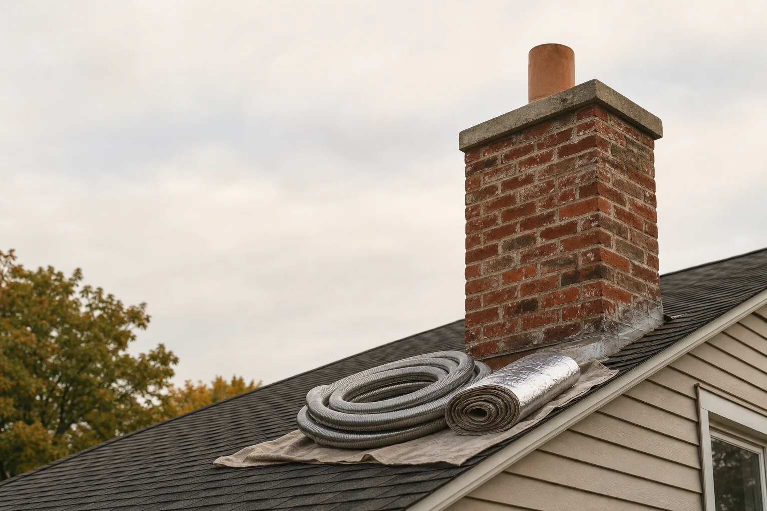 chimney insulation materials staged on a roof beside a brick chimney stack