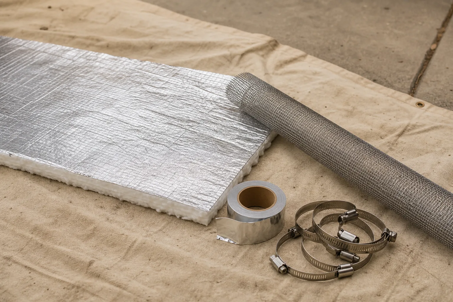 chimney insulation blanket, mesh sleeve, foil tape and clamps laid out on a tarp