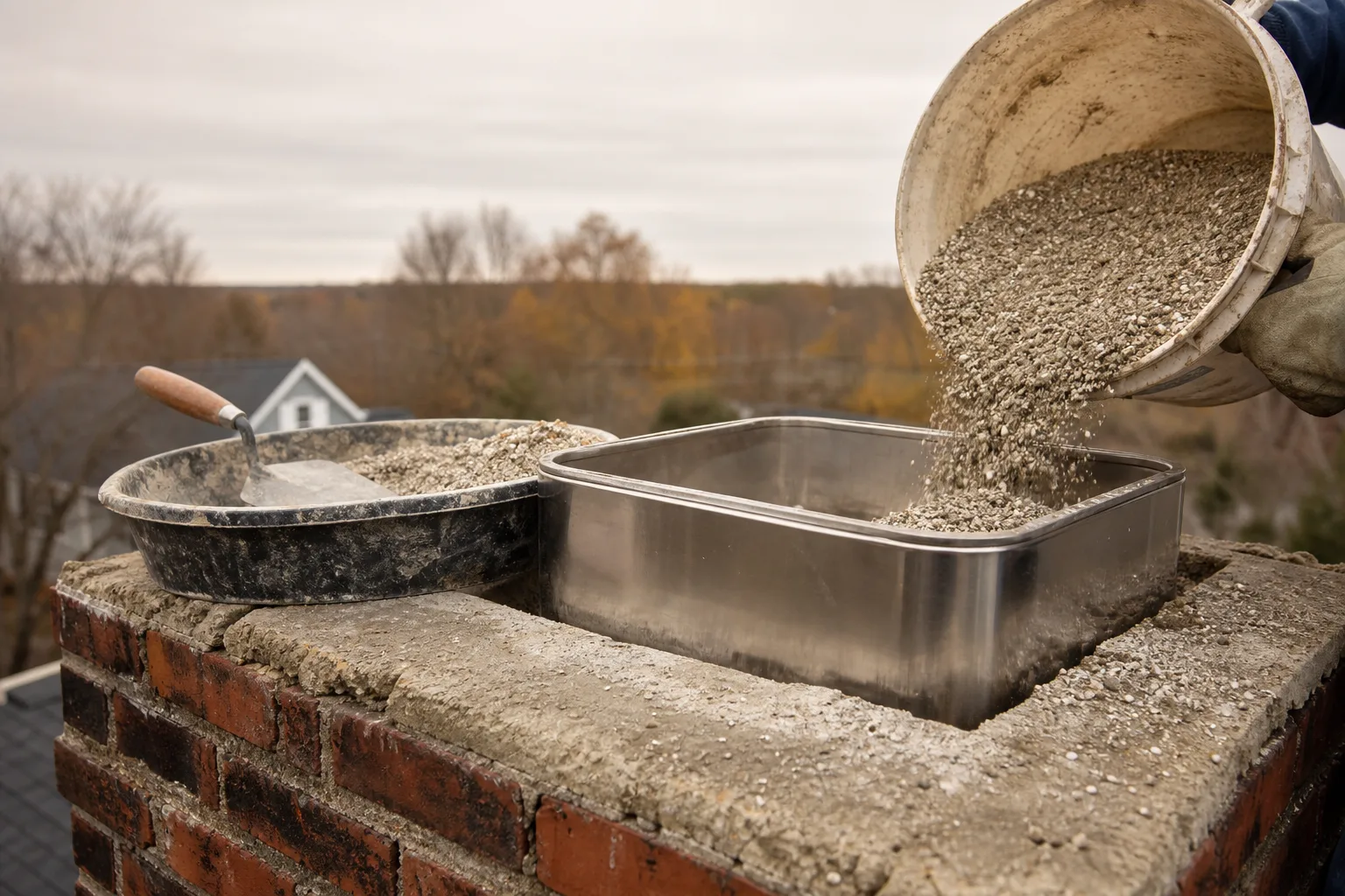chimney insulation poured as vermiculite mix around a liner at the chimney crown