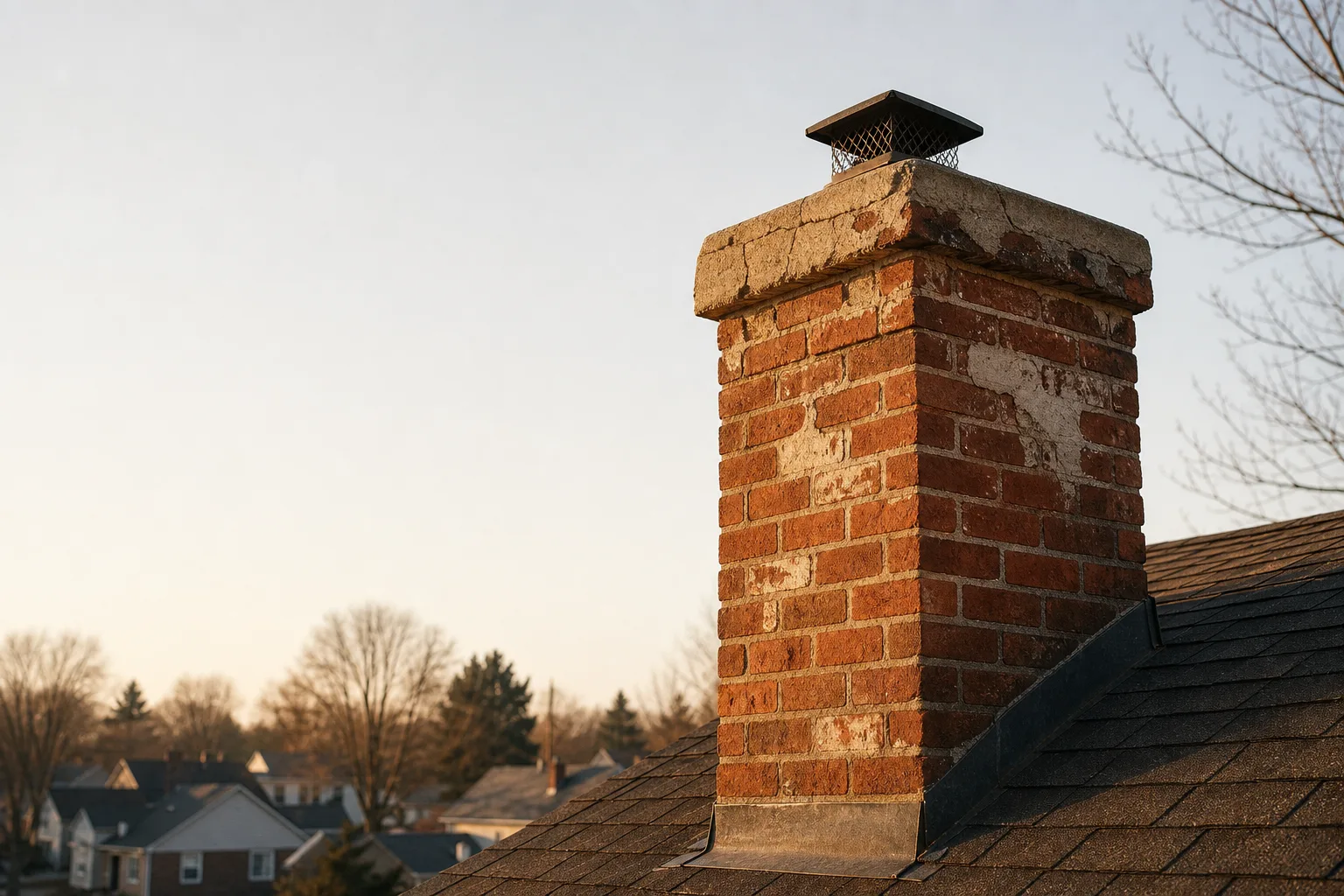 Fireplace repair cost starts at the chimney: a weathered brick stack with a cracked crown on a suburban American house Fireplace repair cost starts at the chimney: a weathered brick stack with a cracked crown on a suburban American house