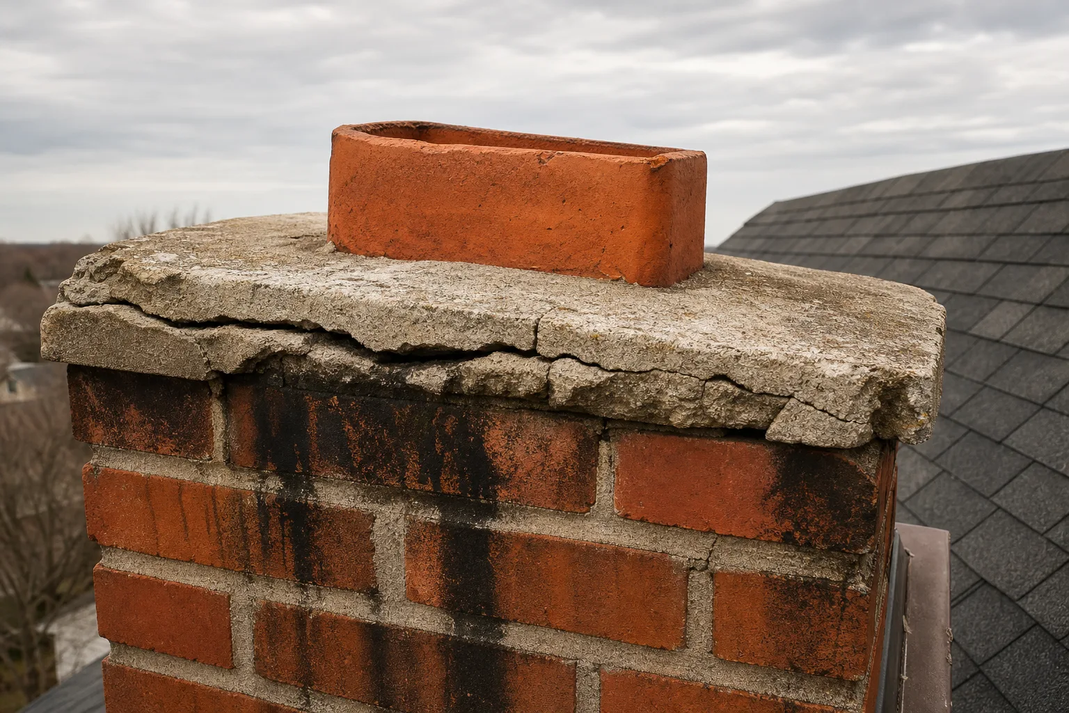 Fireplace repair cost climbs when a cracked chimney crown lets water into the masonry