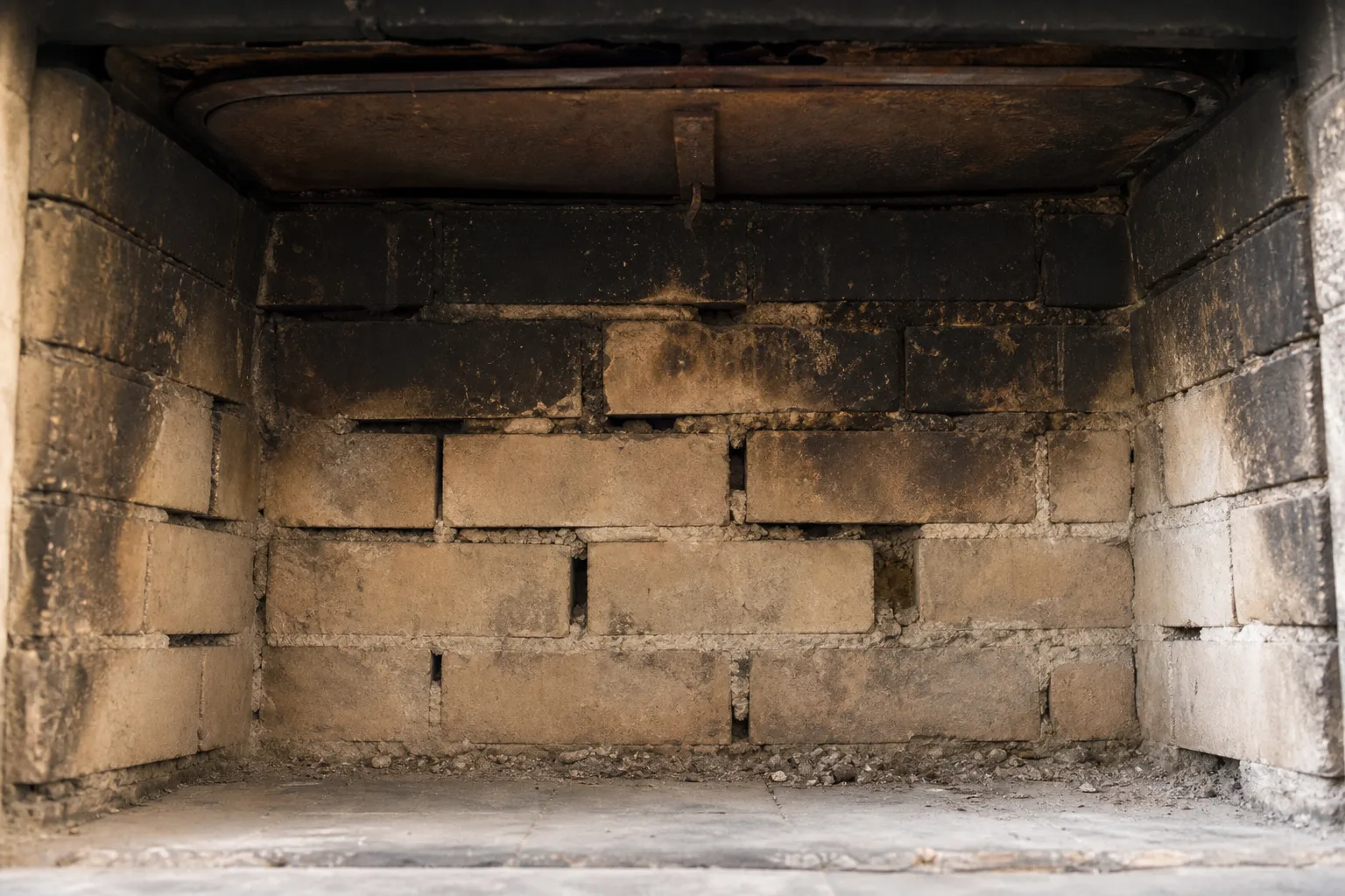 Fireplace repair cost for masonry begins with failed mortar joints like these in a typical worn firebox