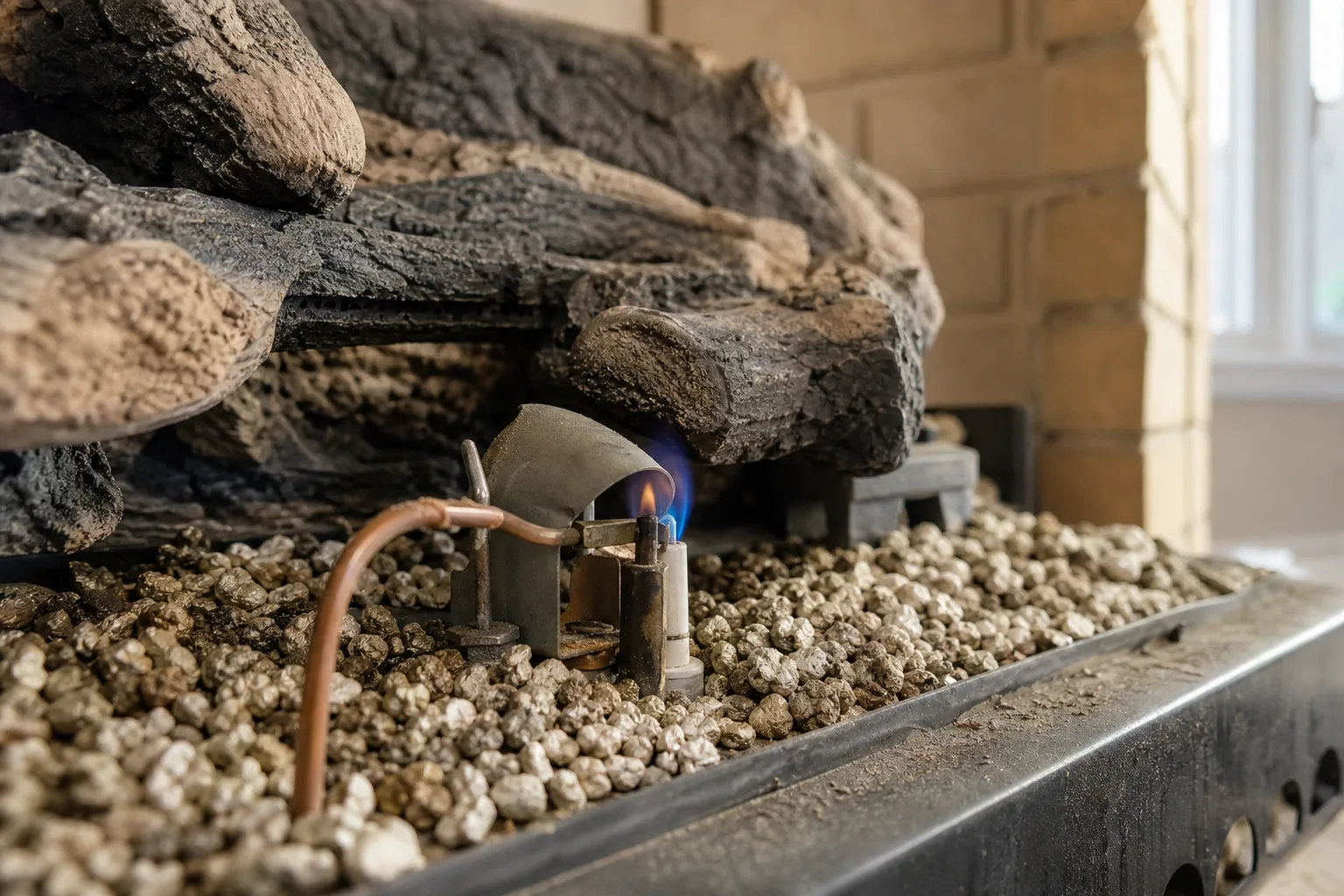 Fireplace repair cost for gas units centers on this pilot assembly and thermocouple beside the burner