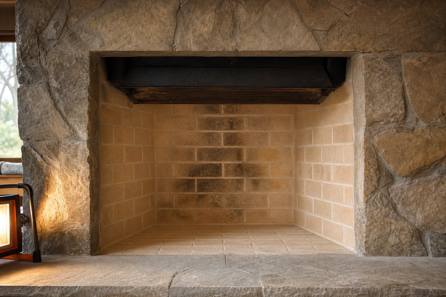 Fireplace repair cost for repointing shown as the same firebox with its mortar joints rebuilt and sound