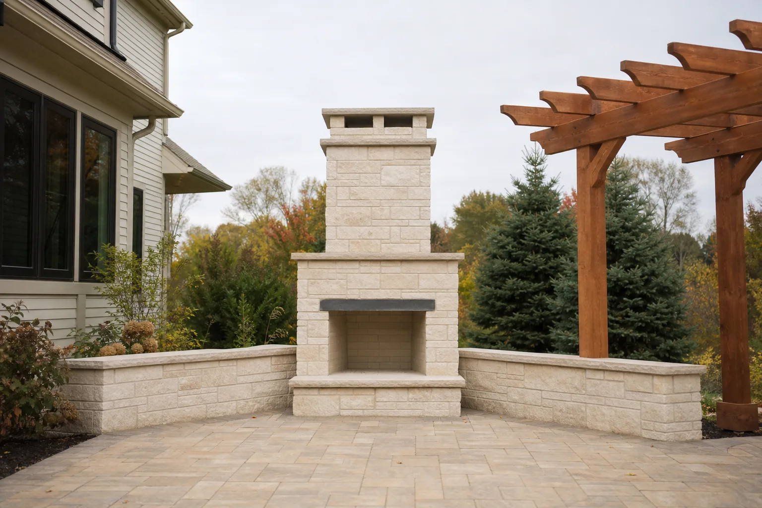 outdoor fireplace builders cut limestone patio fireplace showing full chimney height beside a house