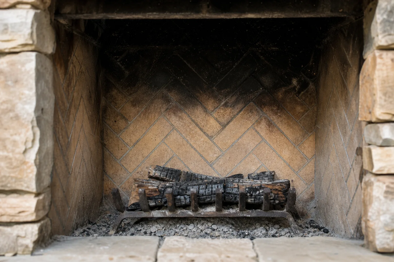 outdoor fireplace builders sooty firebrick firebox interior with refractory mortar joints and grate