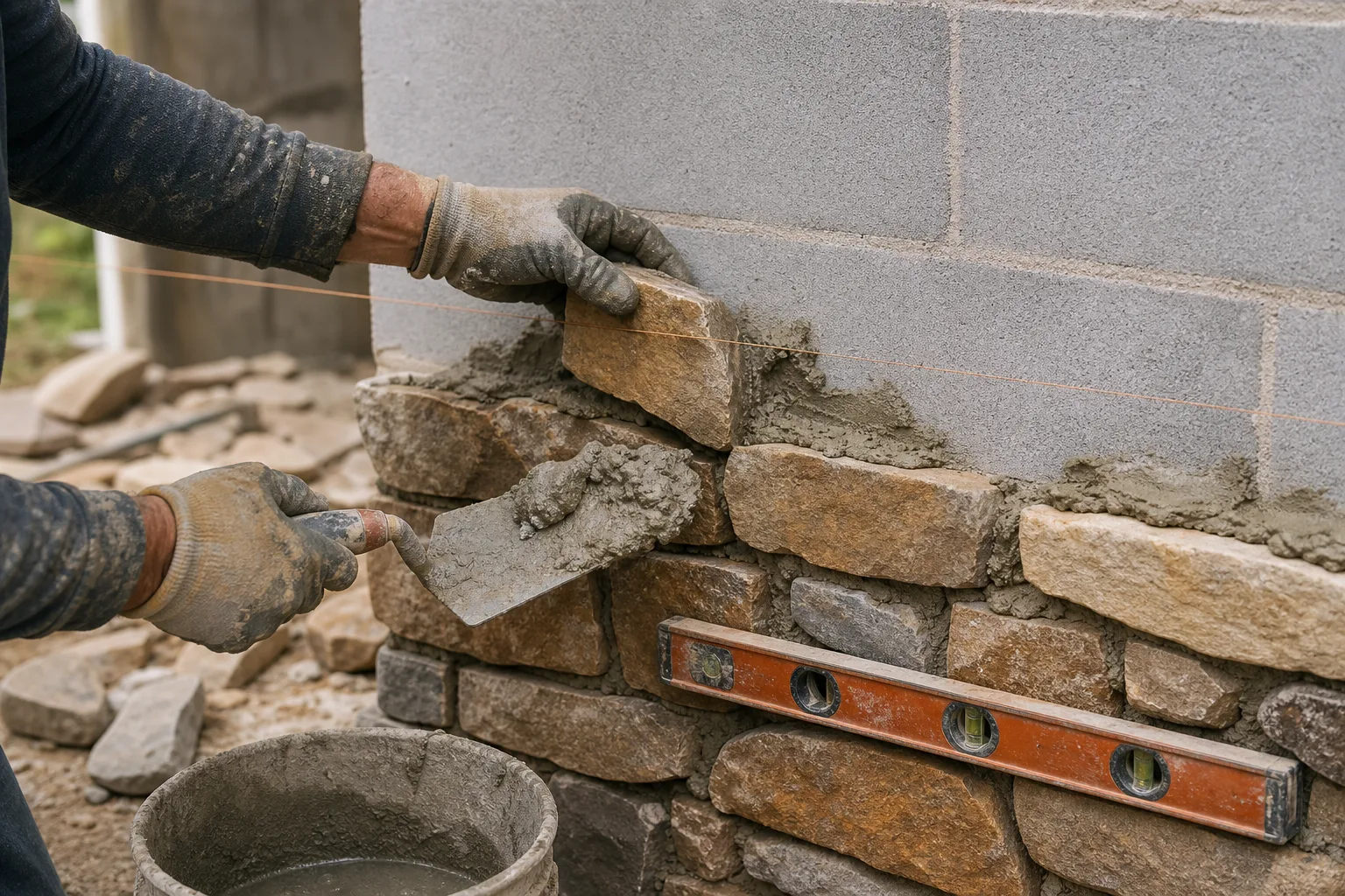 outdoor fireplace builders mason setting fieldstone veneer with trowel and string line