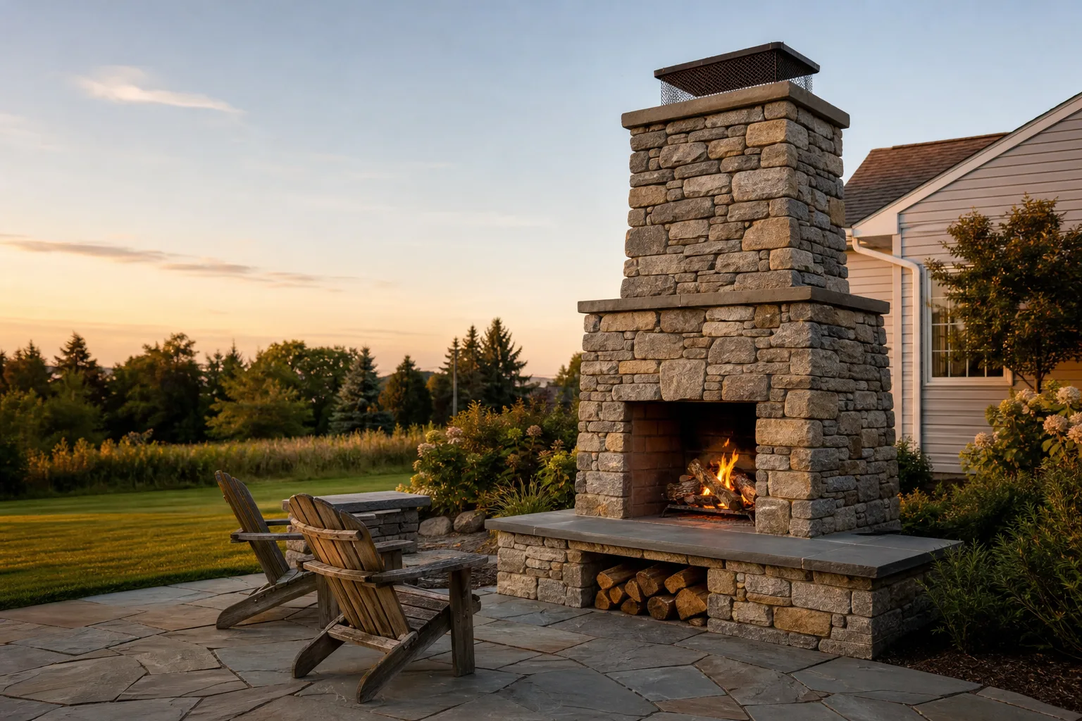 outdoor fireplace builders finished fieldstone fireplace with chimney stack on a suburban patio at golden hour