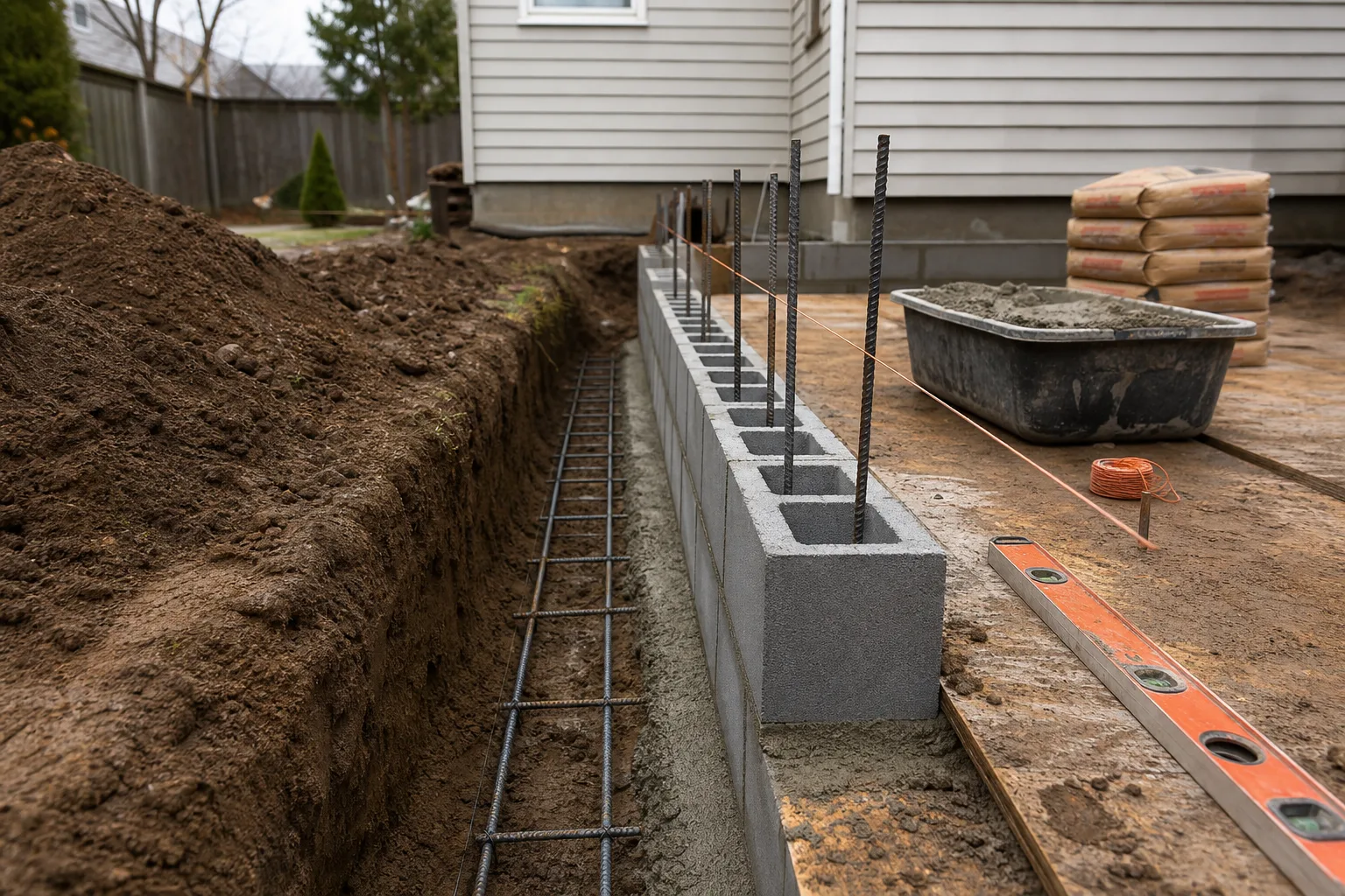 outdoor fireplace builders footing trench with rebar cage and concrete block core under construction