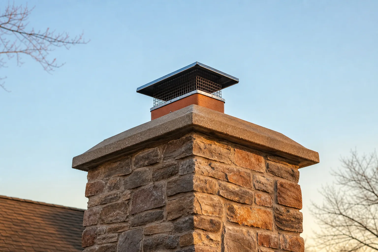 outdoor fireplace builders chimney stack top with clay flue liner crown and metal spark arrestor cap