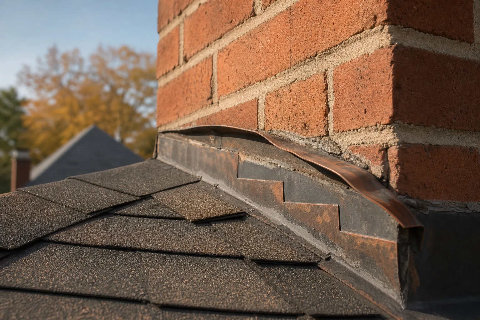 Close-up of lifted metal flashing separating from brick where the chimney meets shingles
