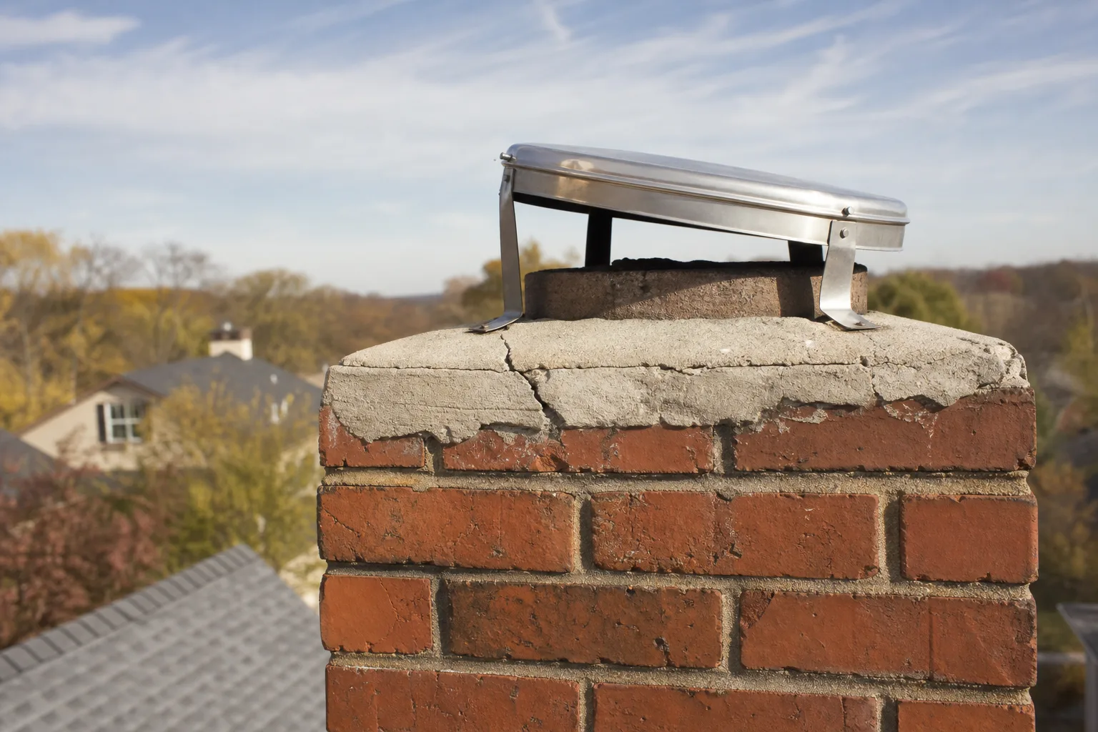 Tilted stainless chimney cap above a cracked concrete crown on brick chimney