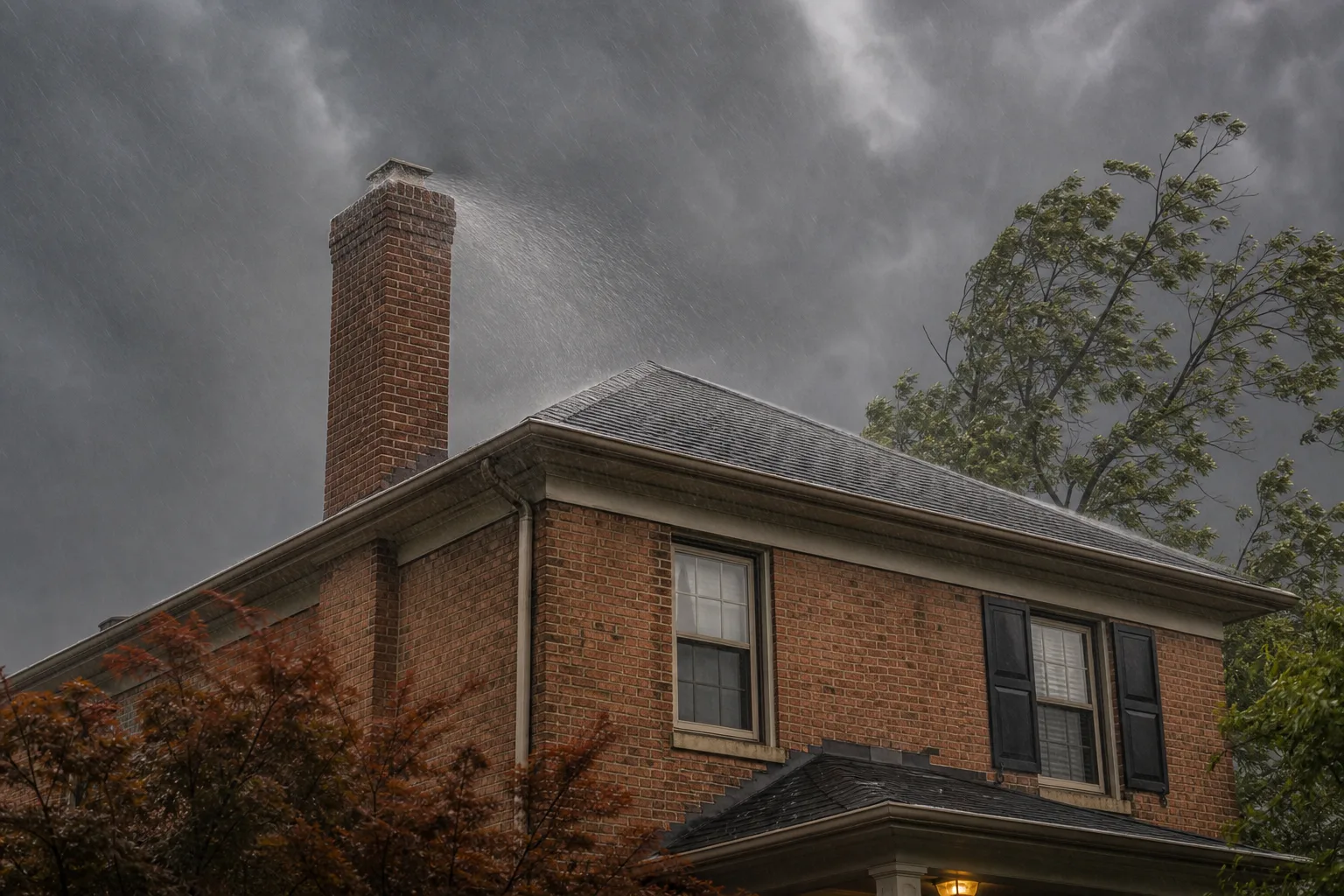 Wind-driven rain lashing a brick chimney on a Tennessee home under storm clouds