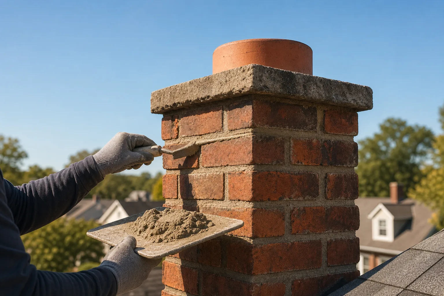 Gloved hands repointing fresh mortar into brick chimney joints on a sunny roof