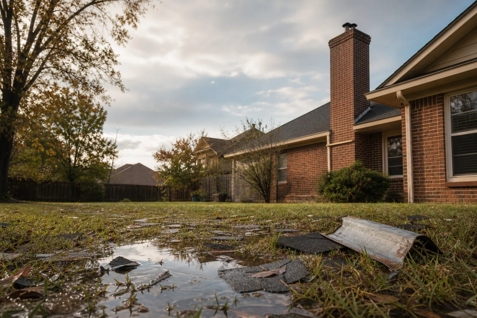Storm debris and bent metal on wet grass below a home's brick chimney