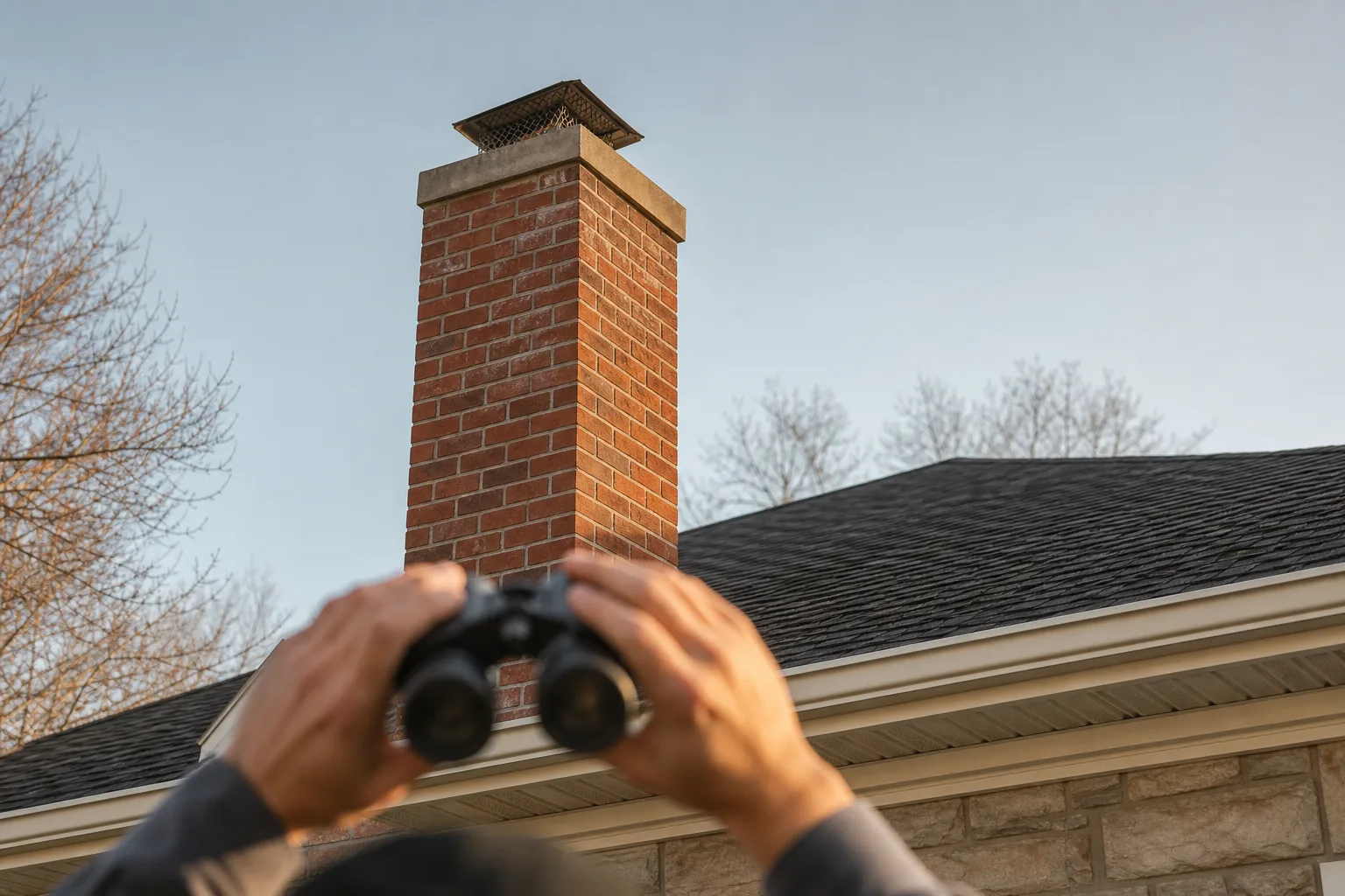 Homeowner using binoculars from the lawn to inspect a rooftop brick chimney