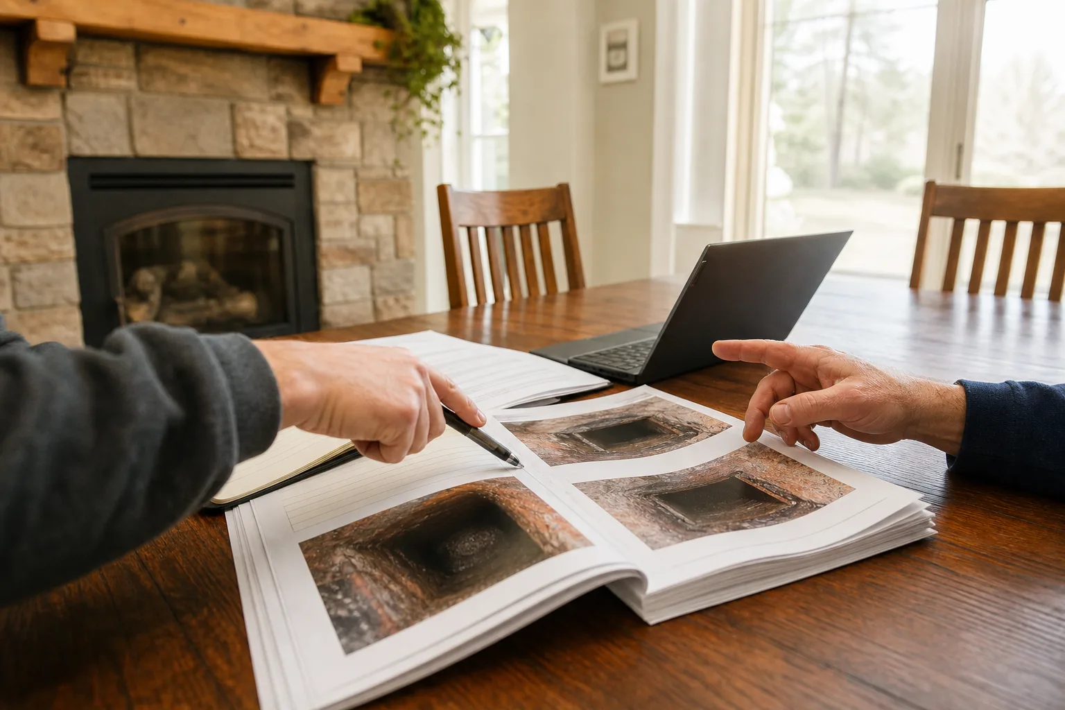 Chimney inspection report and flue photos spread on a table during a home purchase discussion