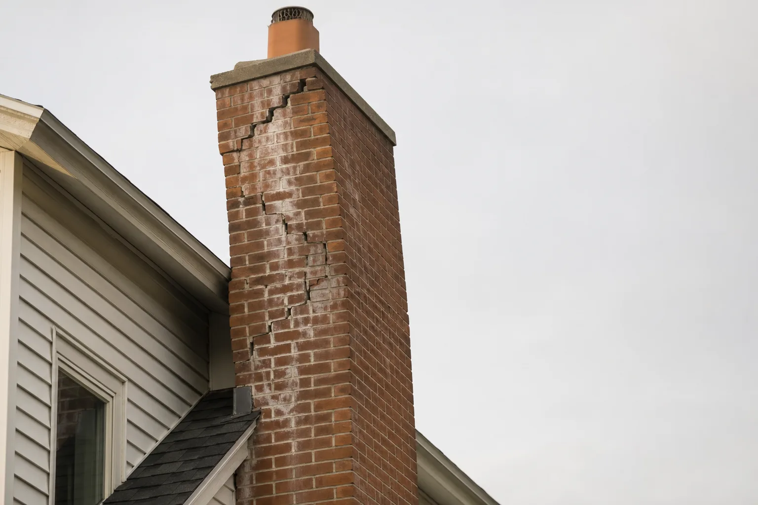 Leaning brick chimney with stair-step cracks and white efflorescence staining on the masonry