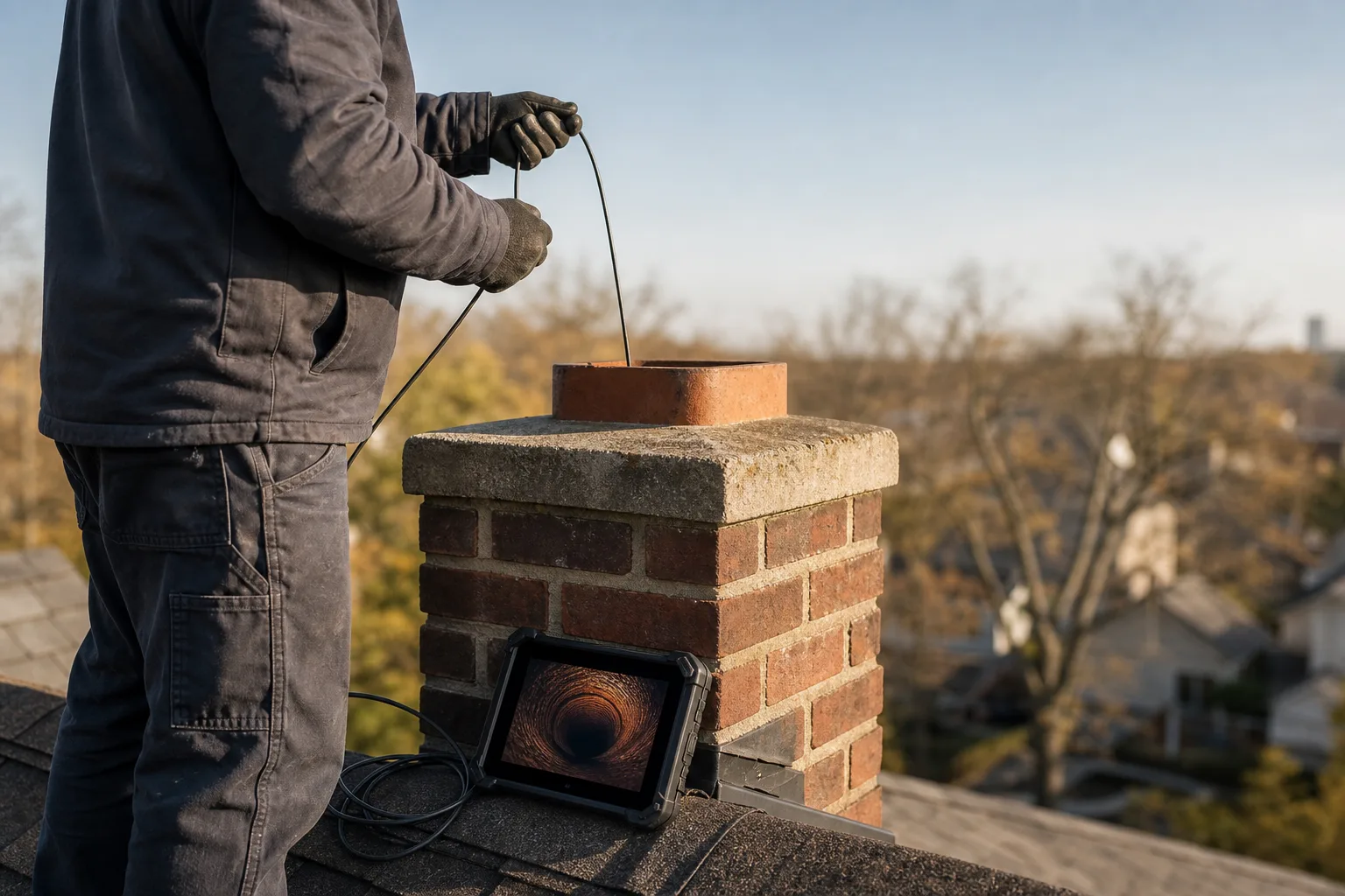 Technician lowering an inspection camera into a clay flue during a Level 2 chimney inspection