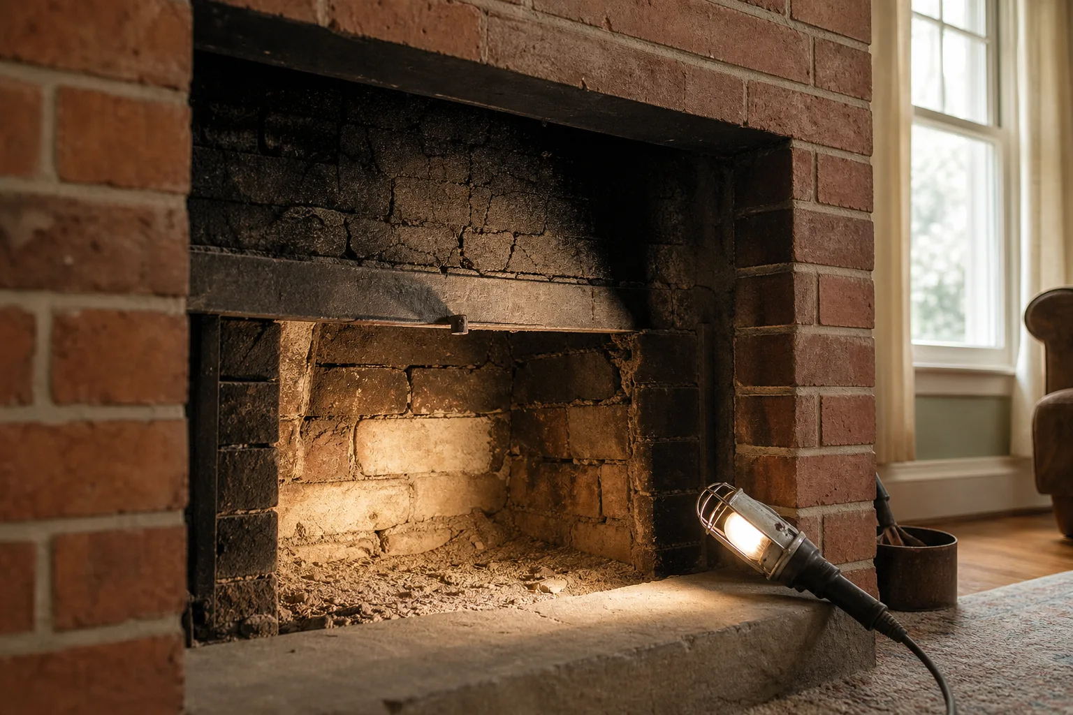 Open brick firebox lit from below showing cracked mortar and soot above the damper
